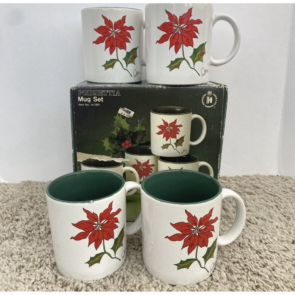 Himark Poinsetta Mugs Set of 4 Christmas‎ Holiday Coffee/Tea Cups 12oz 1984